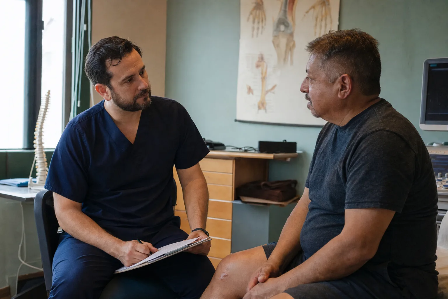 Consulta ortopédica: especialista y paciente en conversación clínica