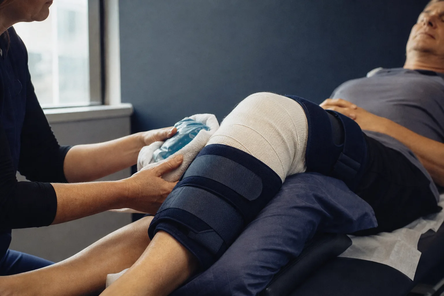 Cuidados postoperatorios con vendaje y crioterapia en rodilla