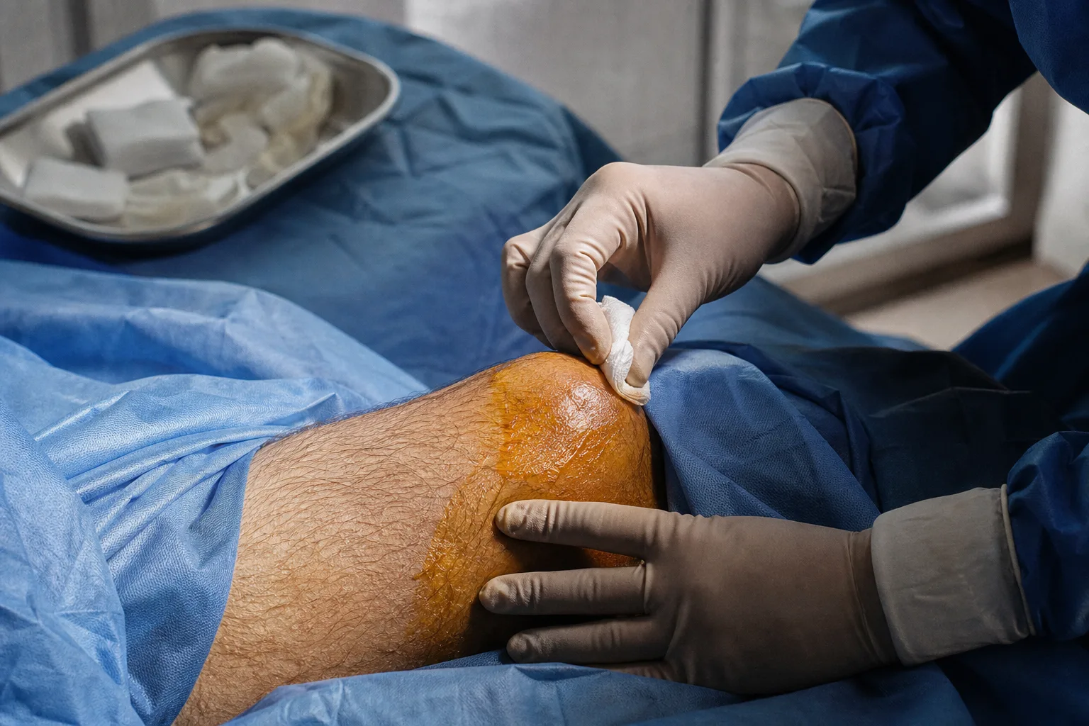 Preparación quirúrgica de rodilla en quirófano