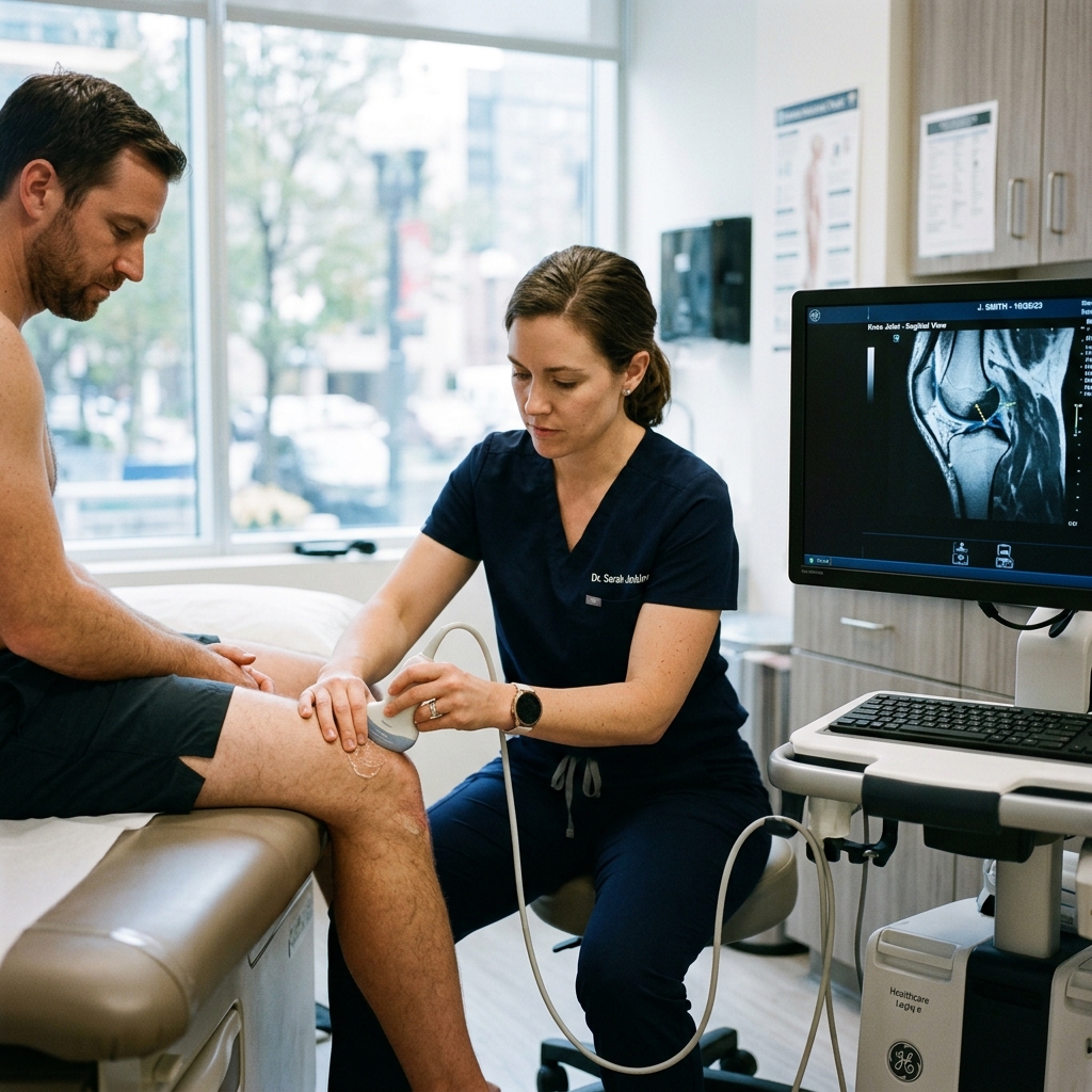 Exploración ecográfica de rodilla guiada por ultrasonido.